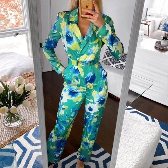 Zara Pants Jumpsuits Zara Green Blue Yellow Floral Satin - Main Image